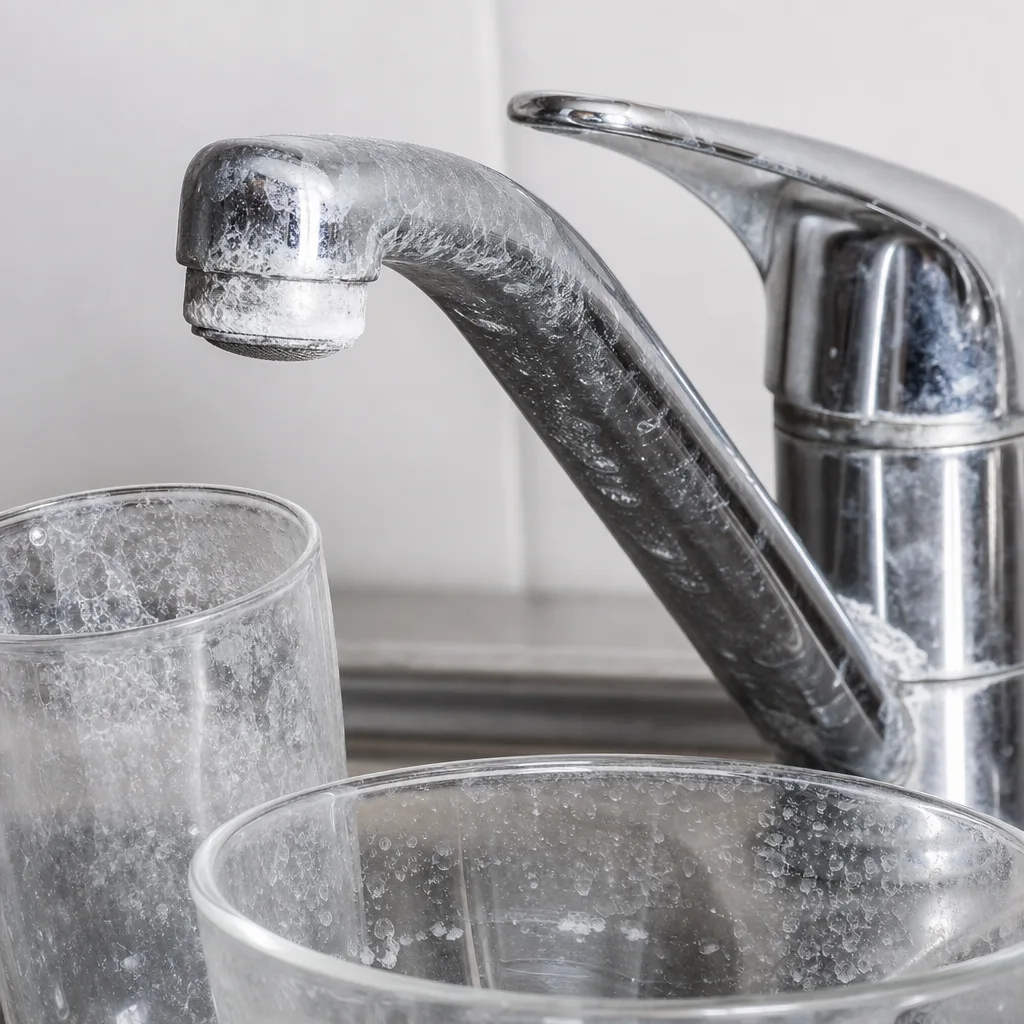 Hard-water reality: spotty glassware and scale-clogged fixtures in an Arizona home